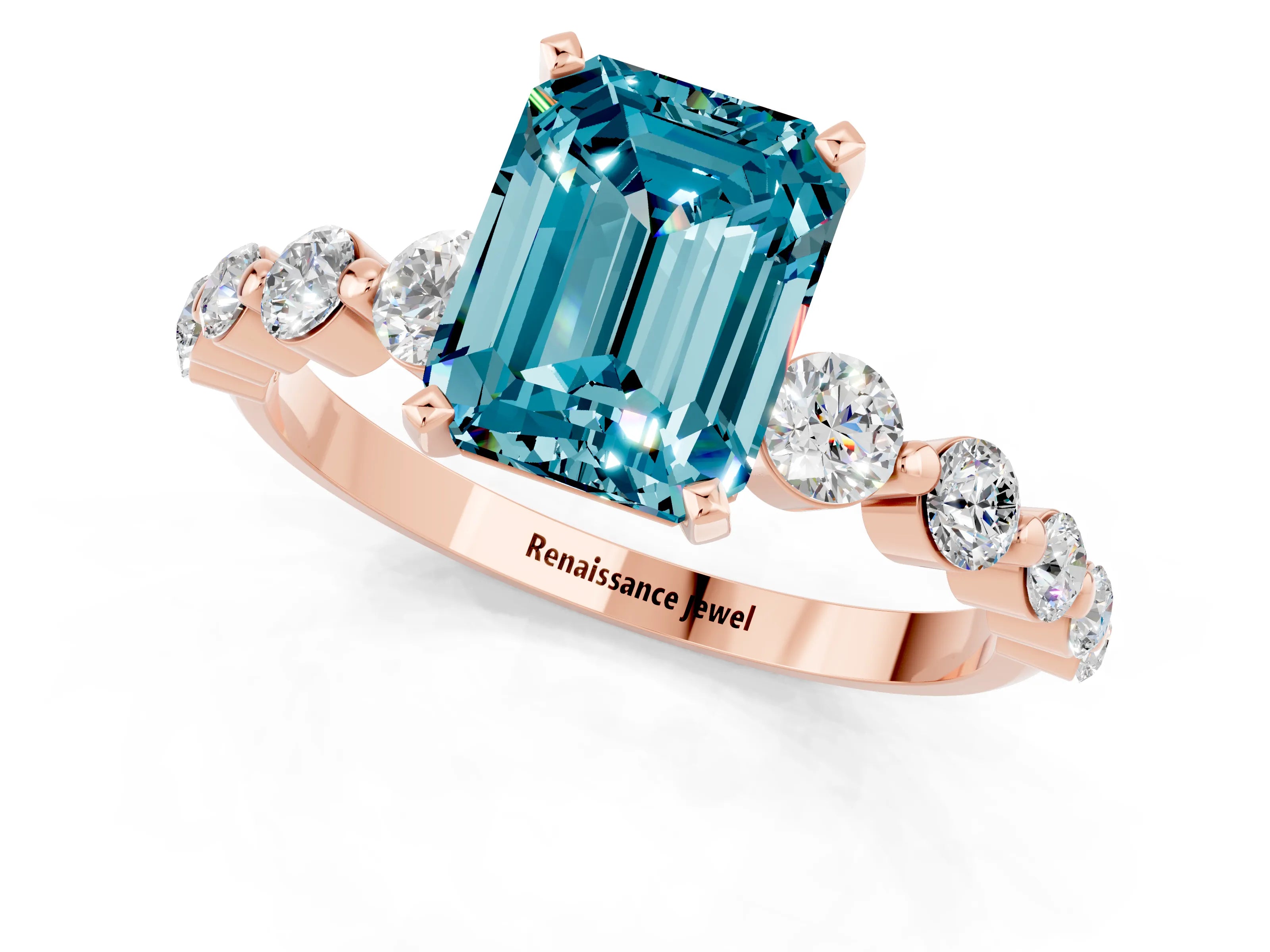 Rose gold Emerald Cut Solitaire Blue Topaz Ring with Pave Band and Four-Prong Setting_1