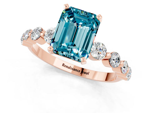 Rose gold Emerald Cut Solitaire Blue Topaz Ring with Pave Band and Four-Prong Setting_1