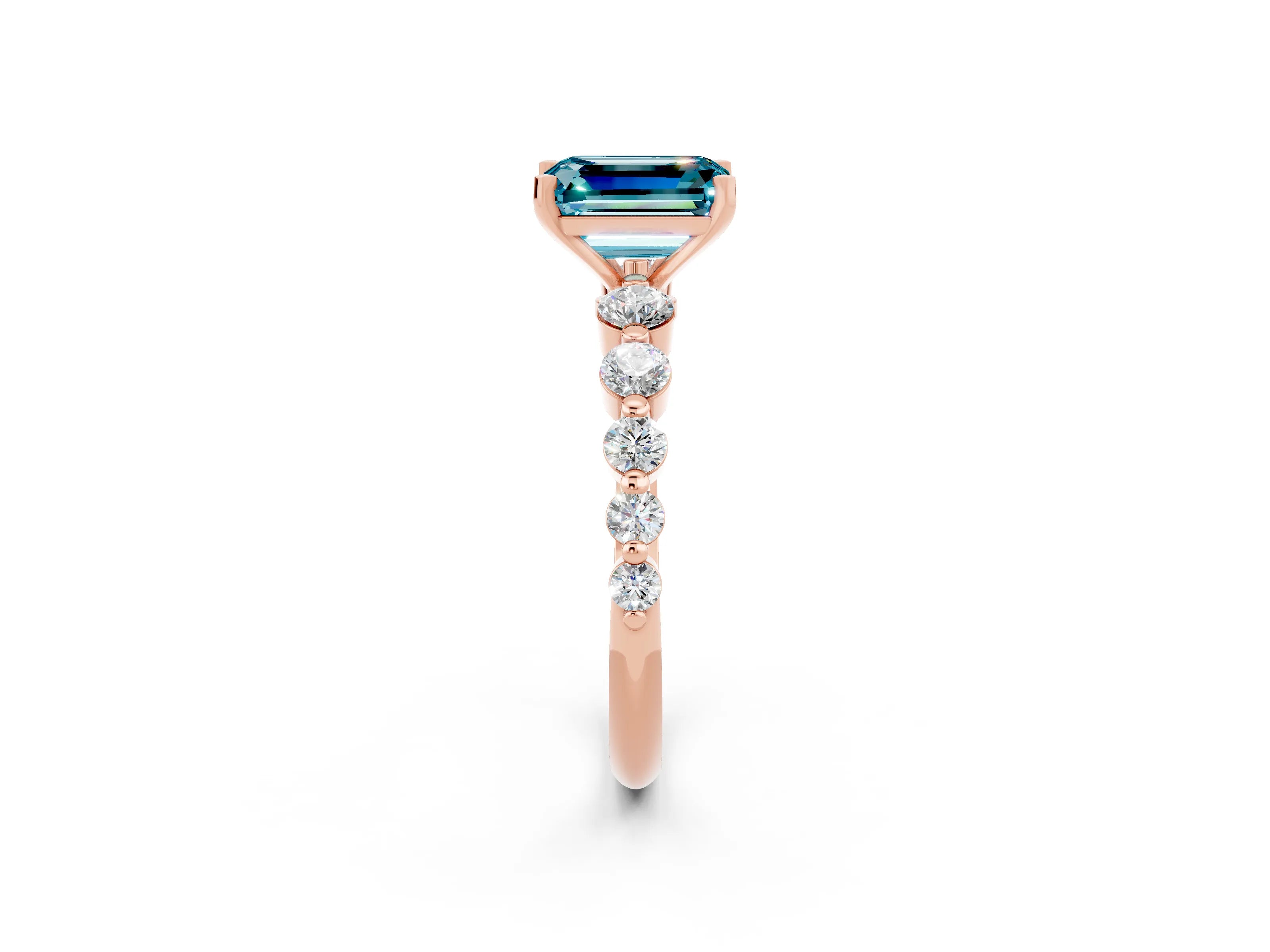 Rose gold Emerald Cut Solitaire Blue Topaz Ring with Pave Band and Four-Prong Setting_2