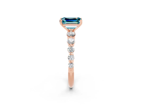 Rose gold Emerald Cut Solitaire Blue Topaz Ring with Pave Band and Four-Prong Setting