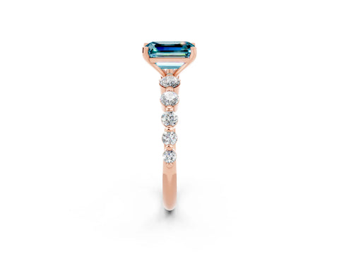 Rose gold Emerald Cut Solitaire Blue Topaz Ring with Pave Band and Four-Prong Setting_2