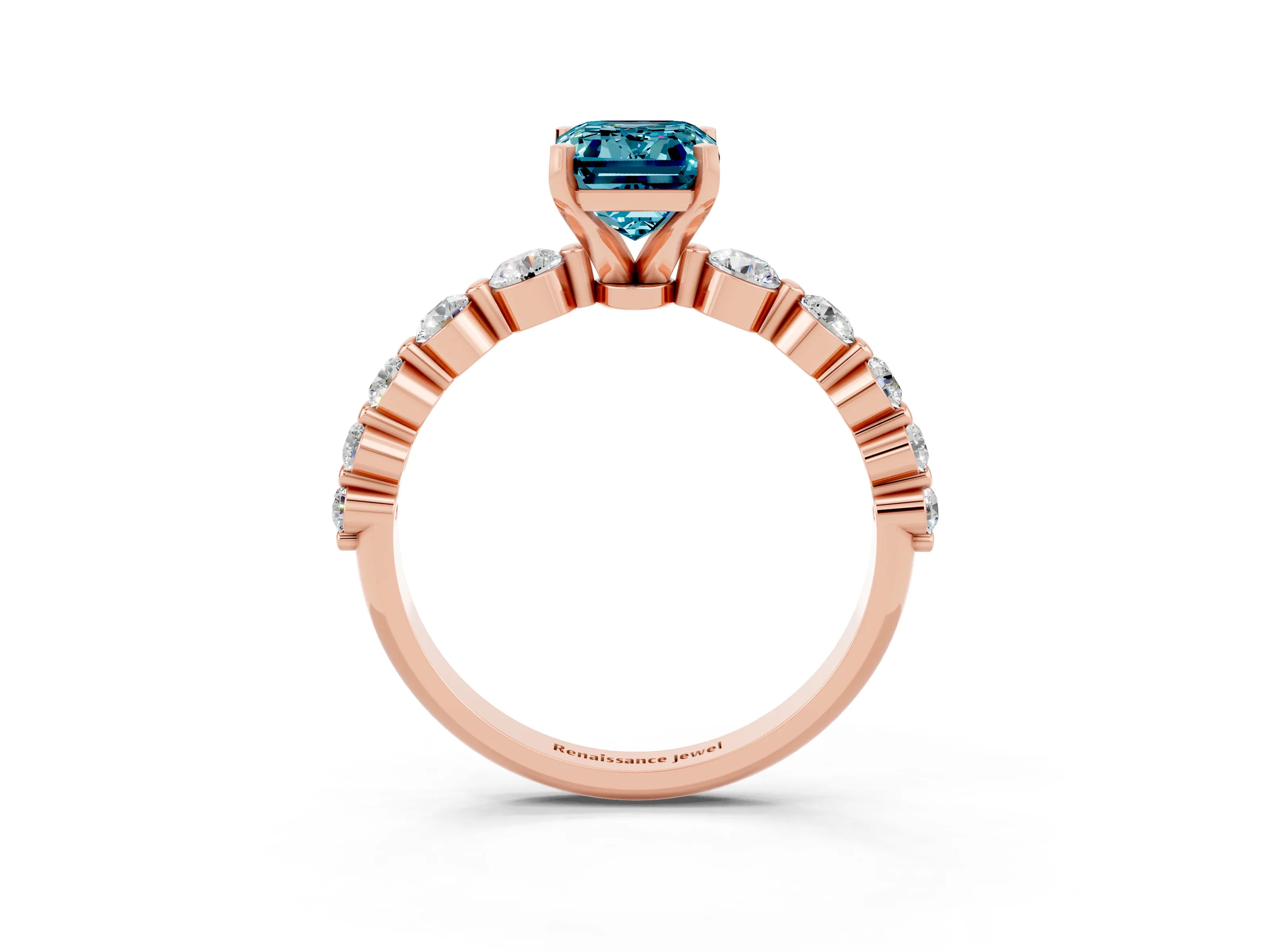 Rose gold Emerald Cut Solitaire Blue Topaz Ring with Pave Band and Four-Prong Setting_3