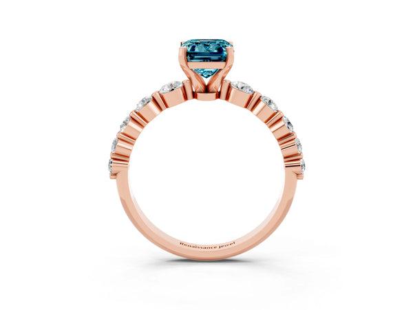 Rose gold Emerald Cut Solitaire Blue Topaz Ring with Pave Band and Four-Prong Setting