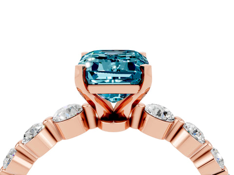 Rose gold Emerald Cut Solitaire Blue Topaz Ring with Pave Band and Four-Prong Setting_4