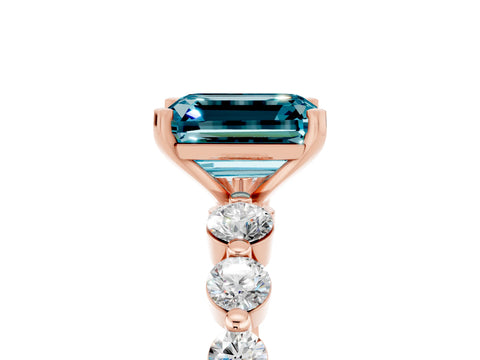 Rose gold Emerald Cut Solitaire Blue Topaz Ring with Pave Band and Four-Prong Setting_5