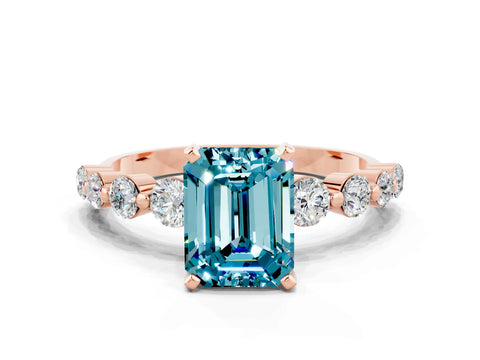 Rose gold Emerald Cut Solitaire Blue Topaz Ring with Pave Band and Four-Prong Setting