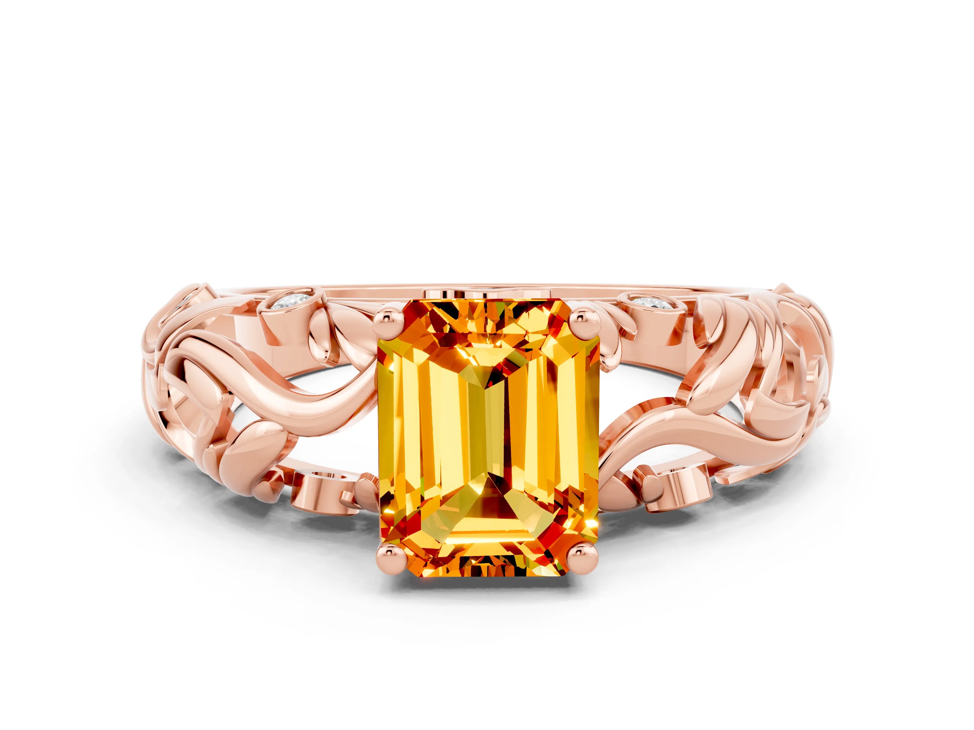 Rose gold Emerald Cut Solitaire Citrine Leaf-Inspired Vine Band Ring with Prong Setting