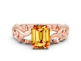 Rose gold Emerald Cut Solitaire Citrine Leaf-Inspired Vine Band Ring with Prong Setting