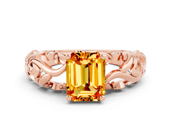 Rose gold Emerald Cut Solitaire Citrine Leaf-Inspired Vine Band Ring with Prong Setting