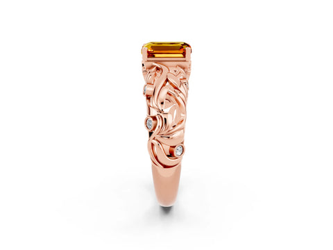 Rose gold Emerald Cut Solitaire Citrine Leaf-Inspired Vine Band Ring with Prong Setting_2