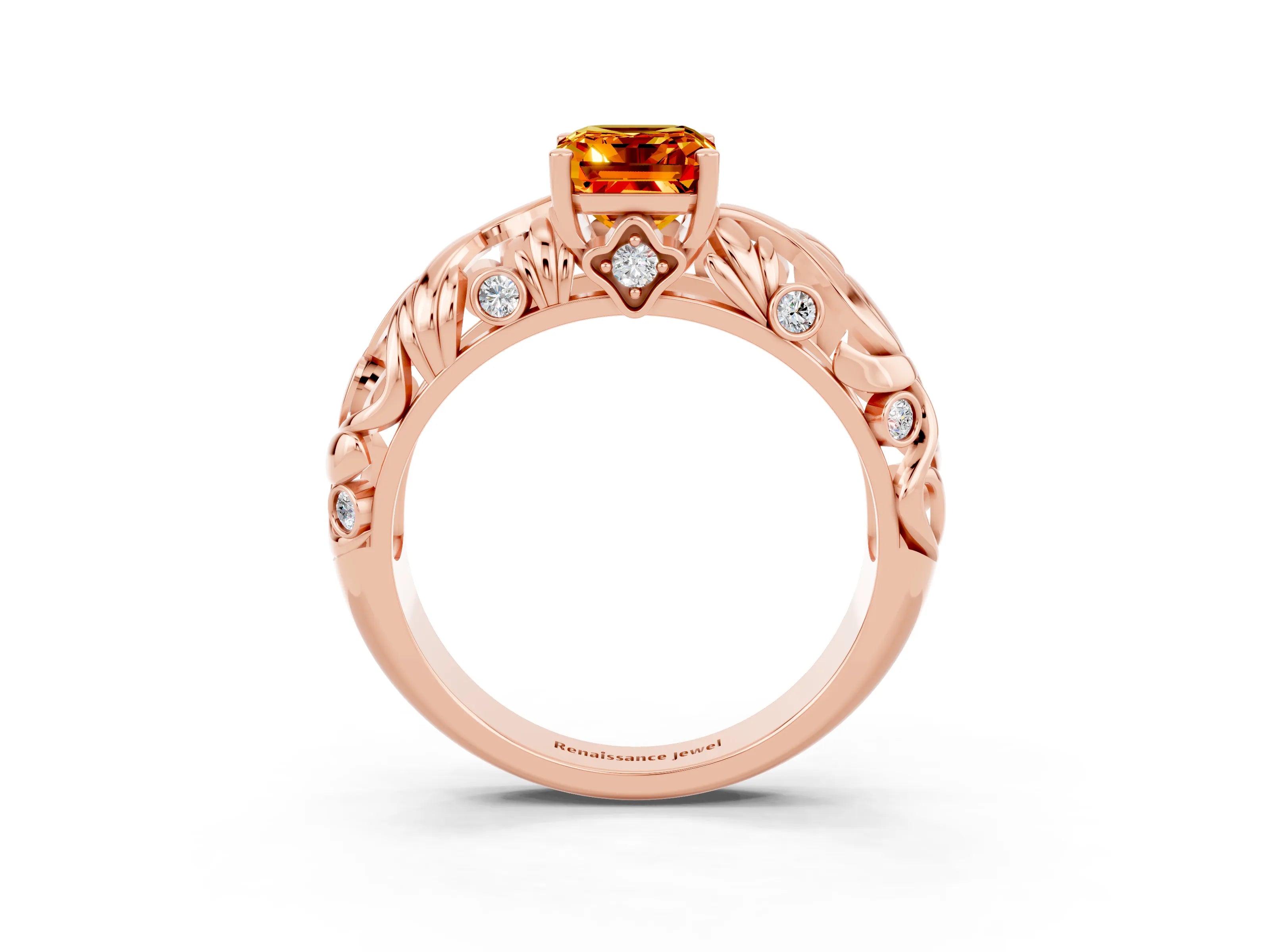 Rose gold Emerald Cut Solitaire Citrine Leaf-Inspired Vine Band Ring with Prong Setting_3