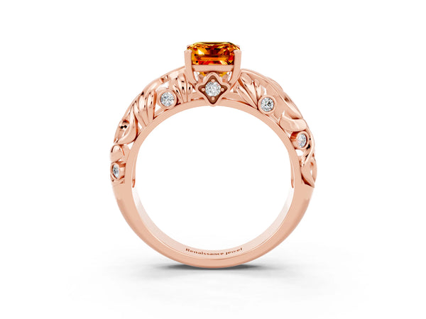 Rose gold Emerald Cut Solitaire Citrine Leaf-Inspired Vine Band Ring with Prong Setting