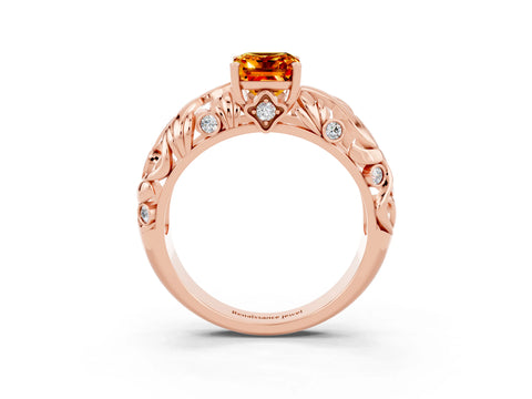 Rose gold Emerald Cut Solitaire Citrine Leaf-Inspired Vine Band Ring with Prong Setting_3