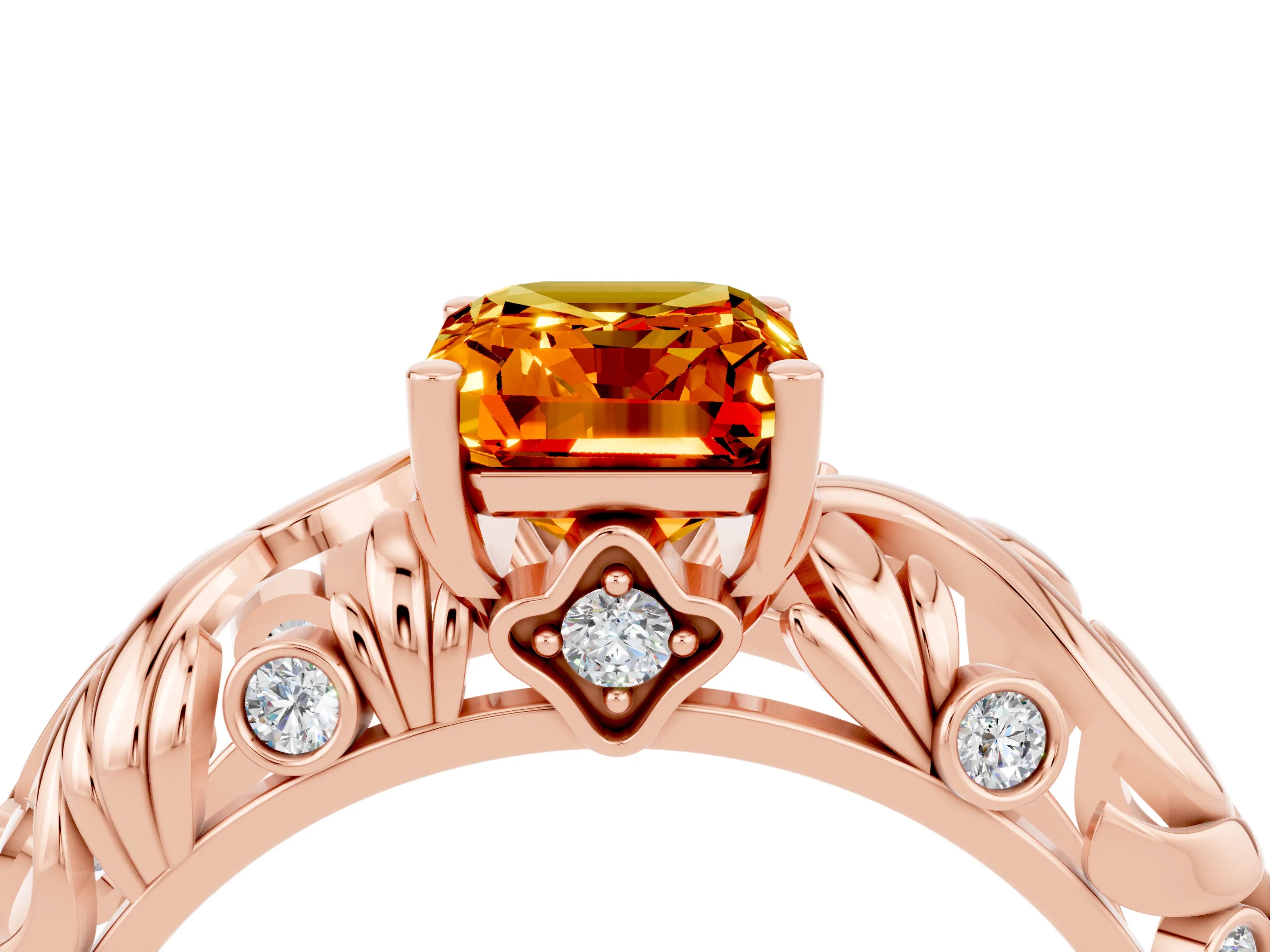 Rose gold Emerald Cut Solitaire Citrine Leaf-Inspired Vine Band Ring with Prong Setting_4
