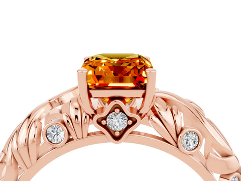 Rose gold Emerald Cut Solitaire Citrine Leaf-Inspired Vine Band Ring with Prong Setting_4