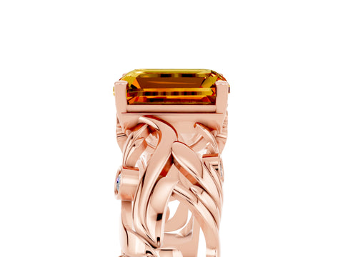 Rose gold Emerald Cut Solitaire Citrine Leaf-Inspired Vine Band Ring with Prong Setting_5