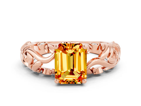 Rose gold Emerald Cut Solitaire Citrine Leaf-Inspired Vine Band Ring with Prong Setting