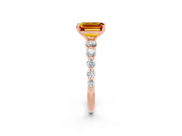 Rose gold Emerald Cut Solitaire Citrine Ring with Pave Band and Four-Prong Setting