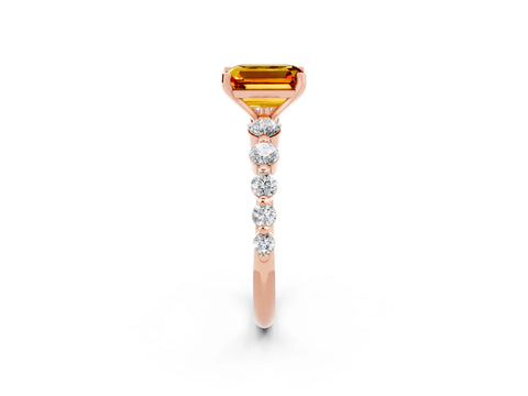 Rose gold Emerald Cut Solitaire Citrine Ring with Pave Band and Four-Prong Setting_2