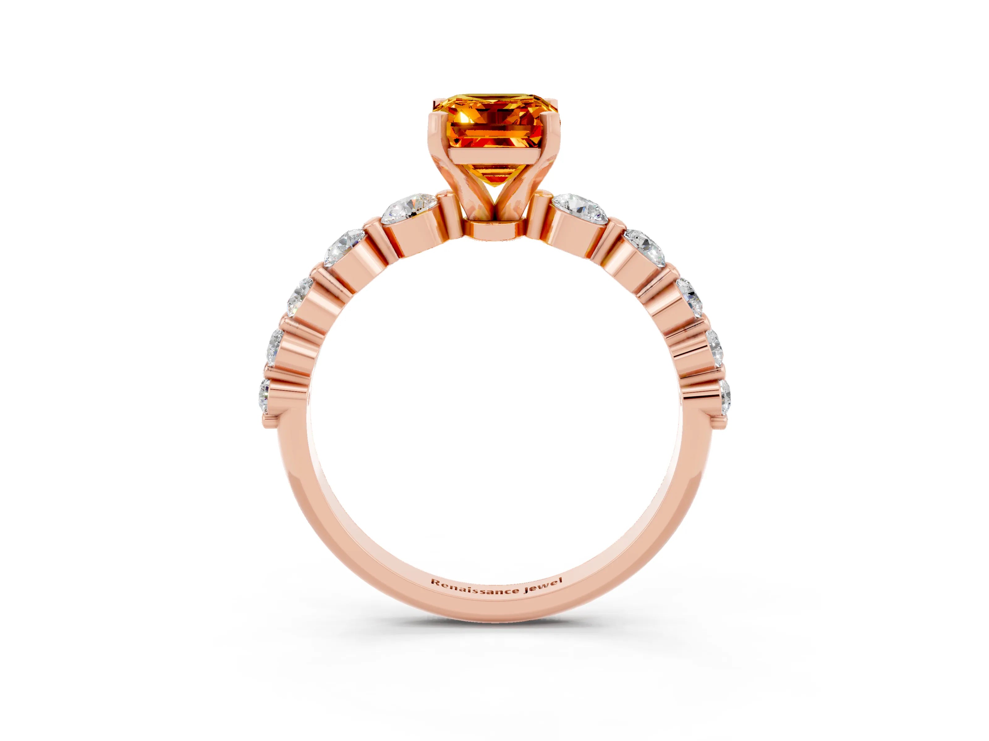 Rose gold Emerald Cut Solitaire Citrine Ring with Pave Band and Four-Prong Setting_3