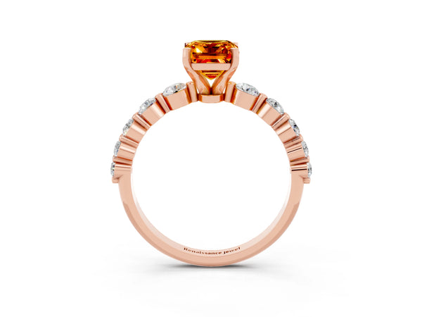 Rose gold Emerald Cut Solitaire Citrine Ring with Pave Band and Four-Prong Setting