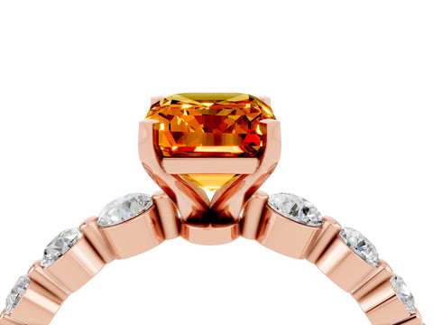 Rose gold Emerald Cut Solitaire Citrine Ring with Pave Band and Four-Prong Setting_4