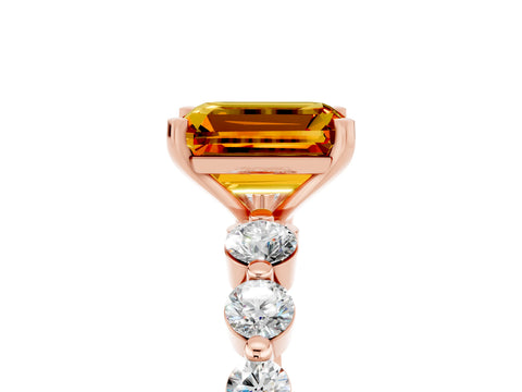 Rose gold Emerald Cut Solitaire Citrine Ring with Pave Band and Four-Prong Setting_5