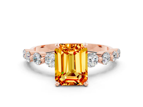 Rose gold Emerald Cut Solitaire Citrine Ring with Pave Band and Four-Prong Setting