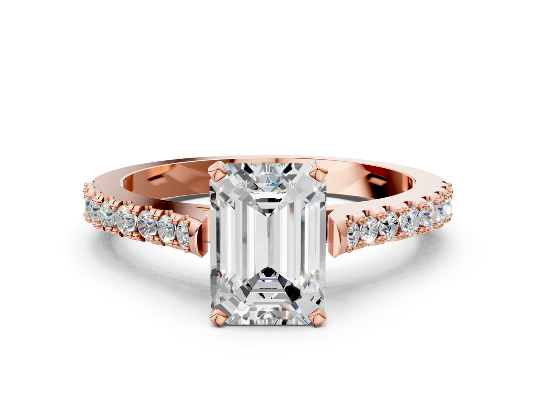 Rose gold Emerald Cut Solitaire Diamond Engagement Ring with Pave Band and Four-Prong Setting_164