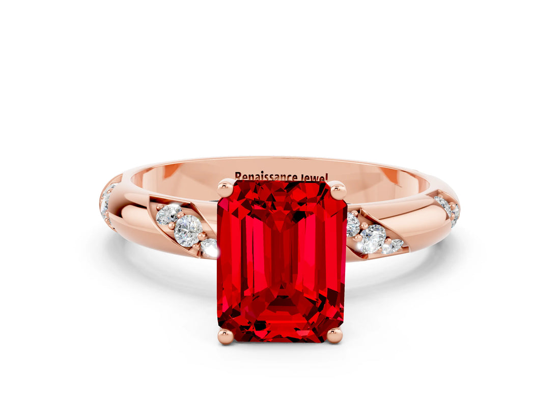 Rose gold Emerald Cut Solitaire Diamond Engagement Ring with Twisted Pave Band and Four-Prong Setting