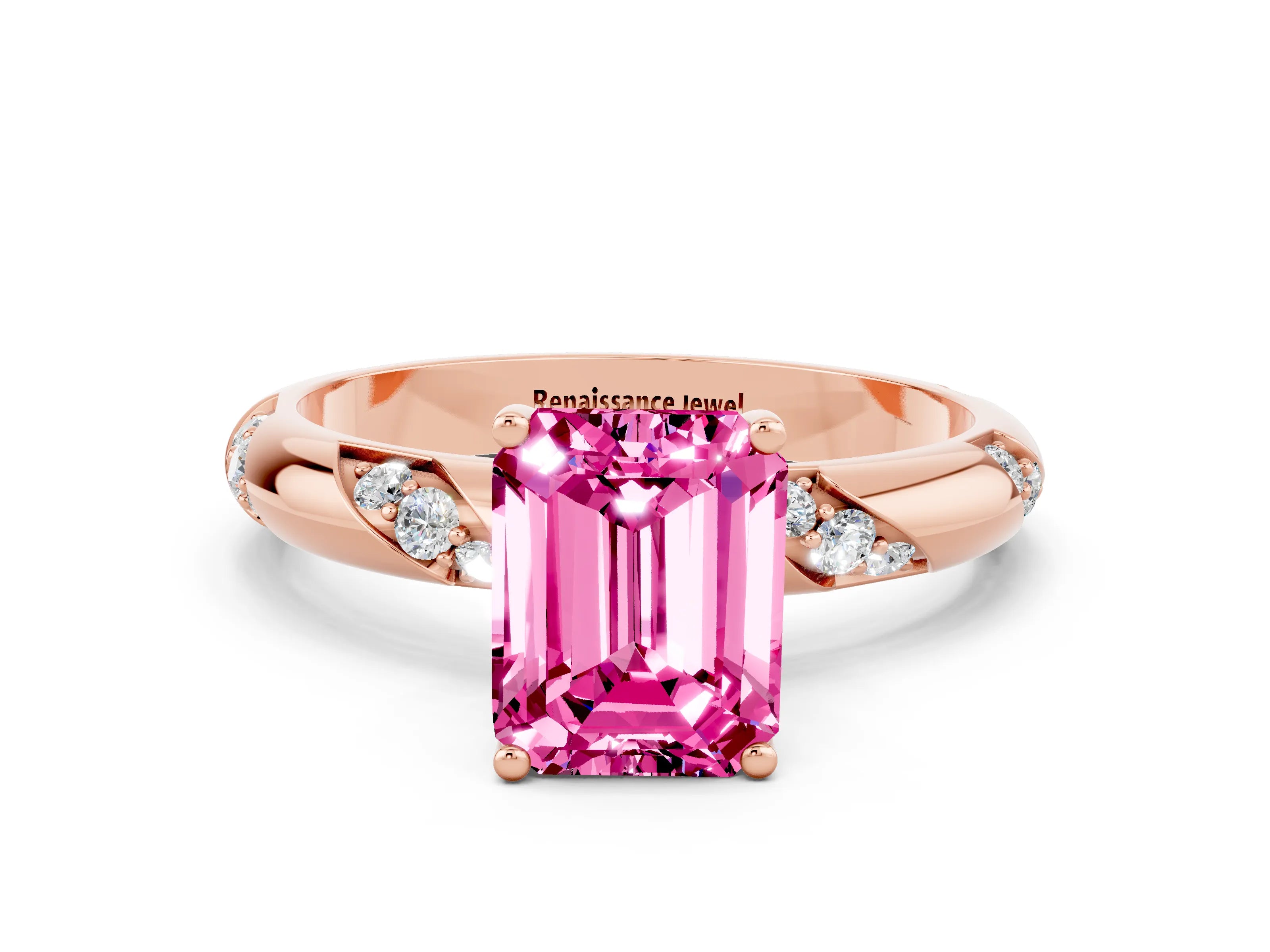 Rose gold Emerald Cut Solitaire Diamond Engagement Ring with Twisted Pave Band and Four-Prong Setting