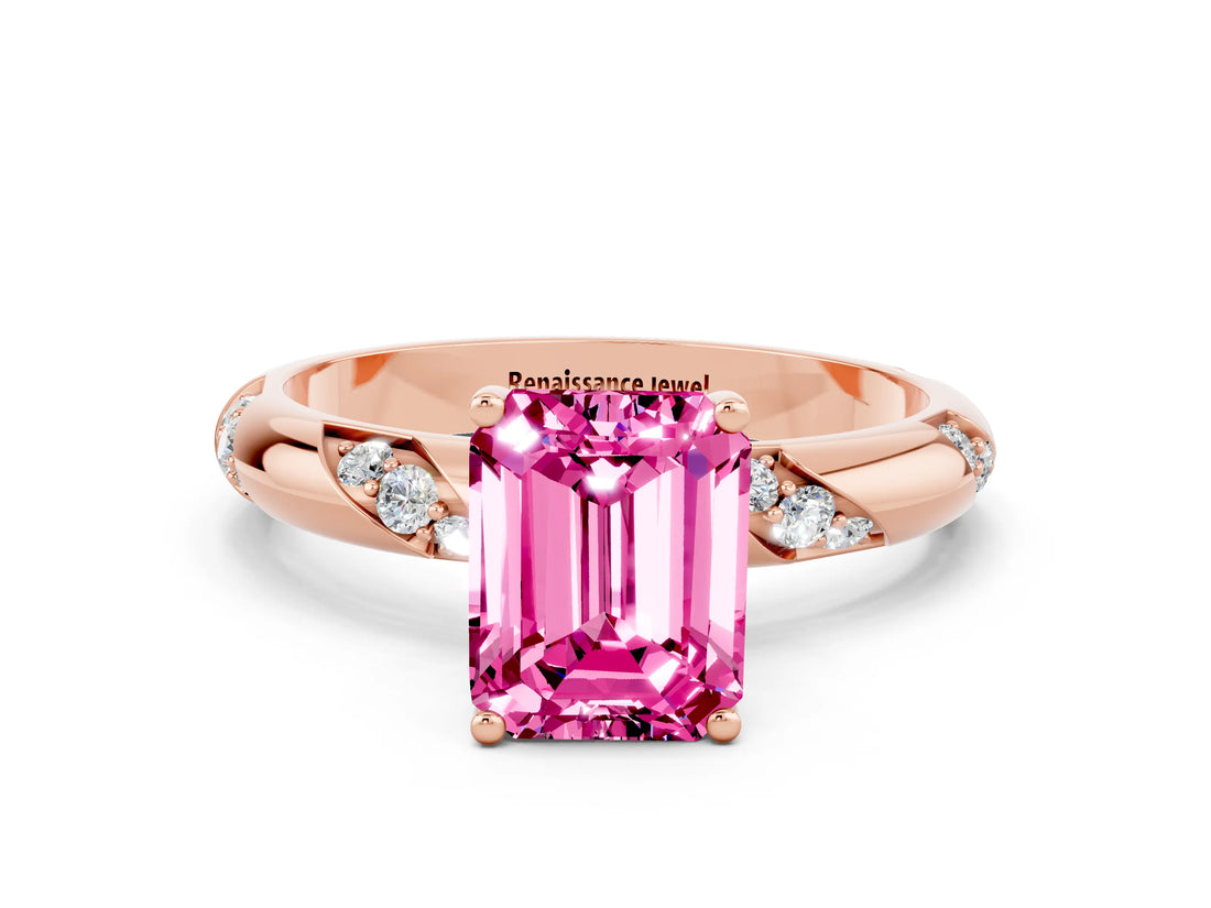 Rose gold Emerald Cut Solitaire Diamond Engagement Ring with Twisted Pave Band and Four-Prong Setting