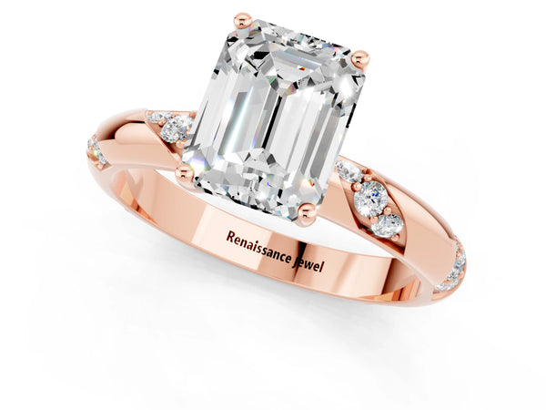 Rose gold Emerald Cut Moissanite Solitaire Engagement Ring with Twisted Round  Accent Band and Prong Setting