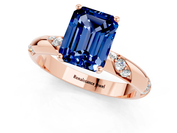 Rose gold Emerald Cut Blue Sapphire Solitaire Engagement Ring with Twisted Round  Accent Band and Prong Setting