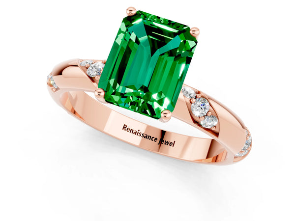 Rose gold Emerald Cut Emerald Solitaire Engagement Ring with Twisted Round  Accent Band and Prong Setting