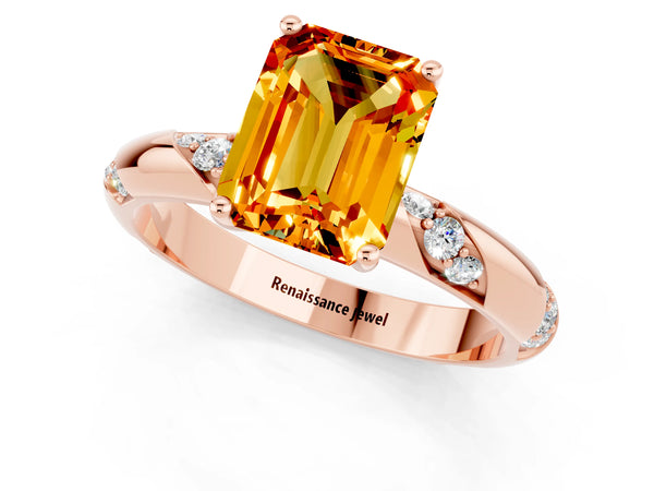 Rose gold Emerald Cut Citrine Solitaire Engagement Ring with Twisted Round  Accent Band and Prong Setting