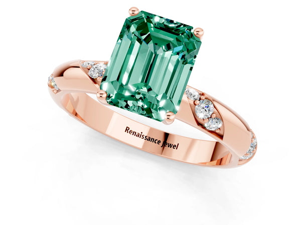 Rose gold Emerald Cut Green Sapphire Solitaire Engagement Ring with Twisted Round  Accent Band and Prong Setting