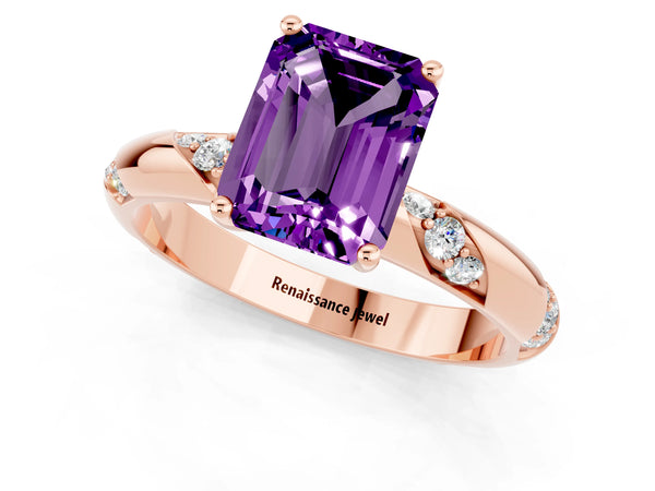 Rose gold Emerald Cut Amethyst Solitaire Engagement Ring with Twisted Round  Accent Band and Prong Setting