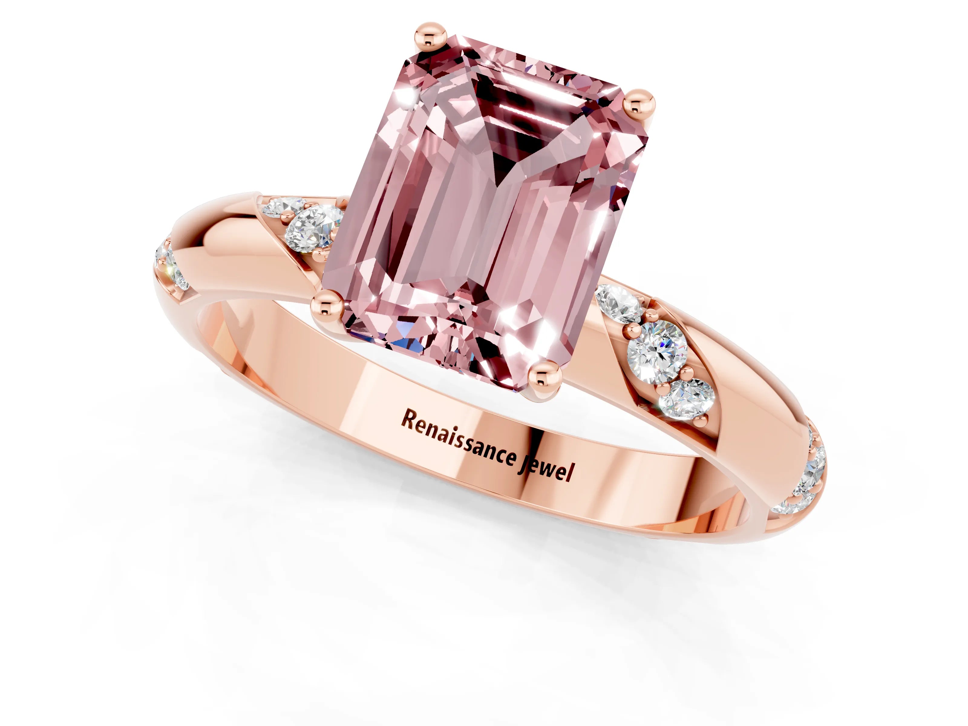 Rose gold Emerald Cut Solitaire Diamond Engagement Ring with Twisted Pave Band and Four-Prong Setting_1