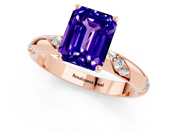 Rose gold Emerald Cut Tanzanite Solitaire Engagement Ring with Twisted Round  Accent Band and Prong Setting