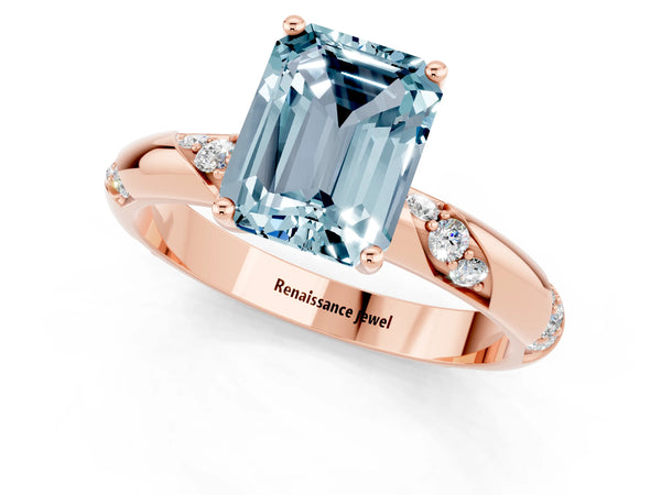 Rose gold Emerald Cut Aquamarine Solitaire Engagement Ring with Twisted Round  Accent Band and Prong Setting
