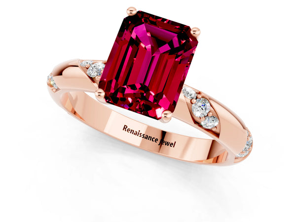 Rose gold Emerald Cut Garnet Solitaire Engagement Ring with Twisted Round  Accent Band and Prong Setting