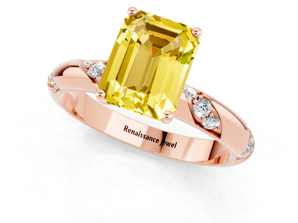 Rose gold Emerald Cut Yellow Sapphire Solitaire Engagement Ring with Twisted Round  Accent Band and Prong Setting