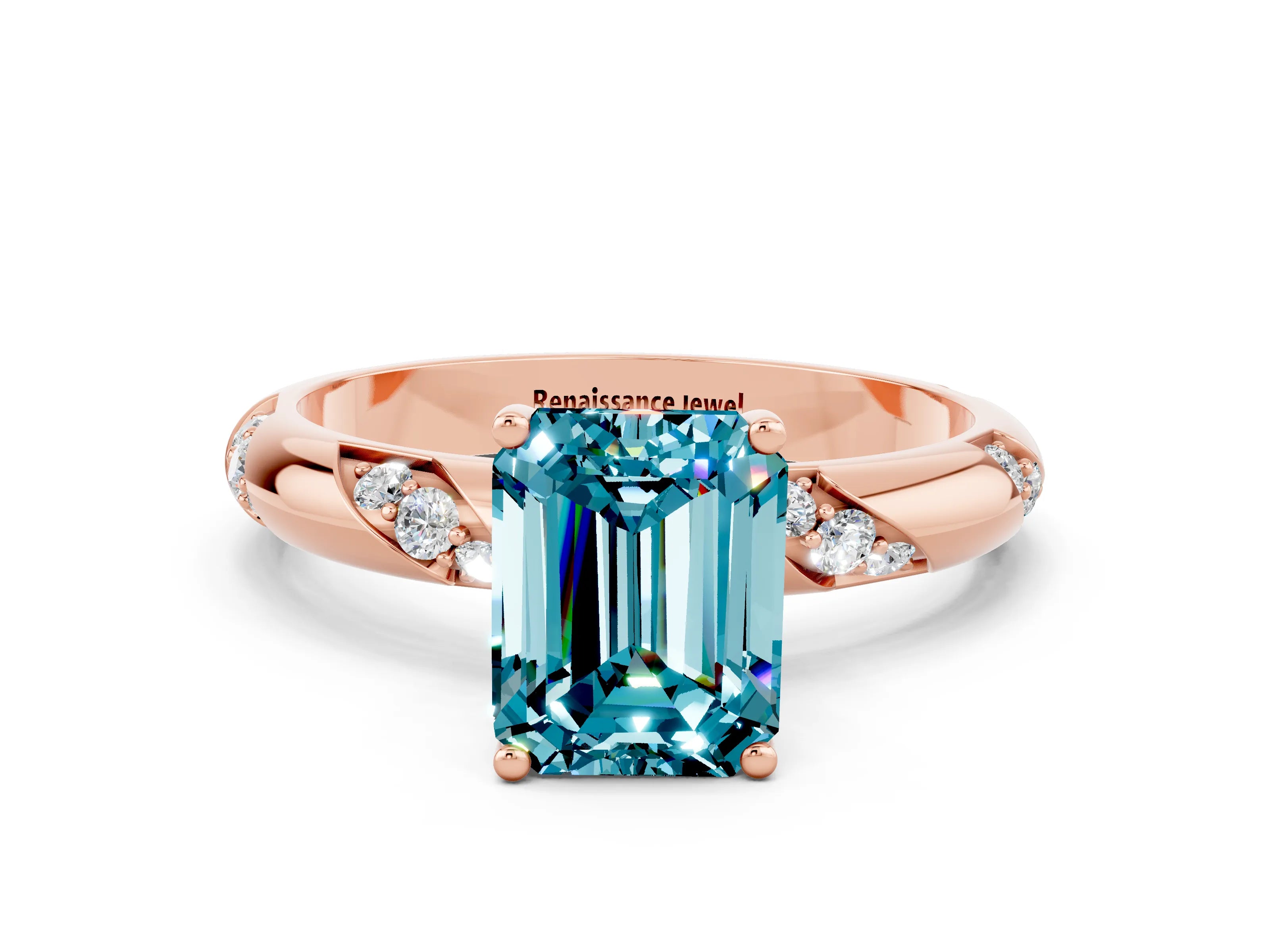 Rose gold Emerald Cut Solitaire Diamond Engagement Ring with Twisted Pave Band and Four-Prong Setting