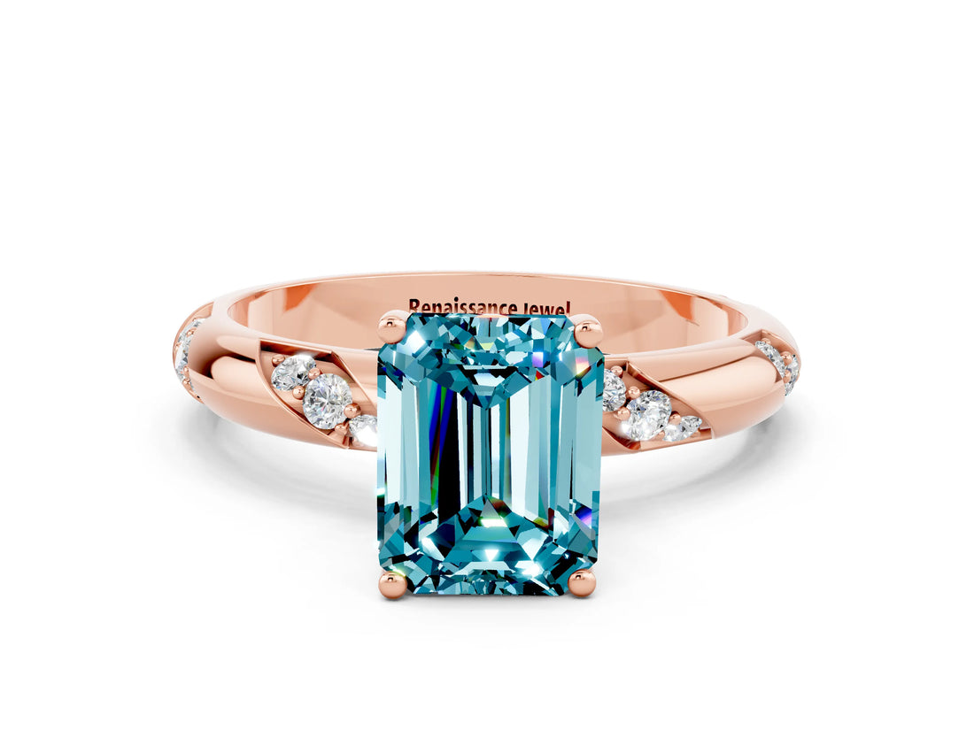 Rose gold Emerald Cut Solitaire Diamond Engagement Ring with Twisted Pave Band and Four-Prong Setting