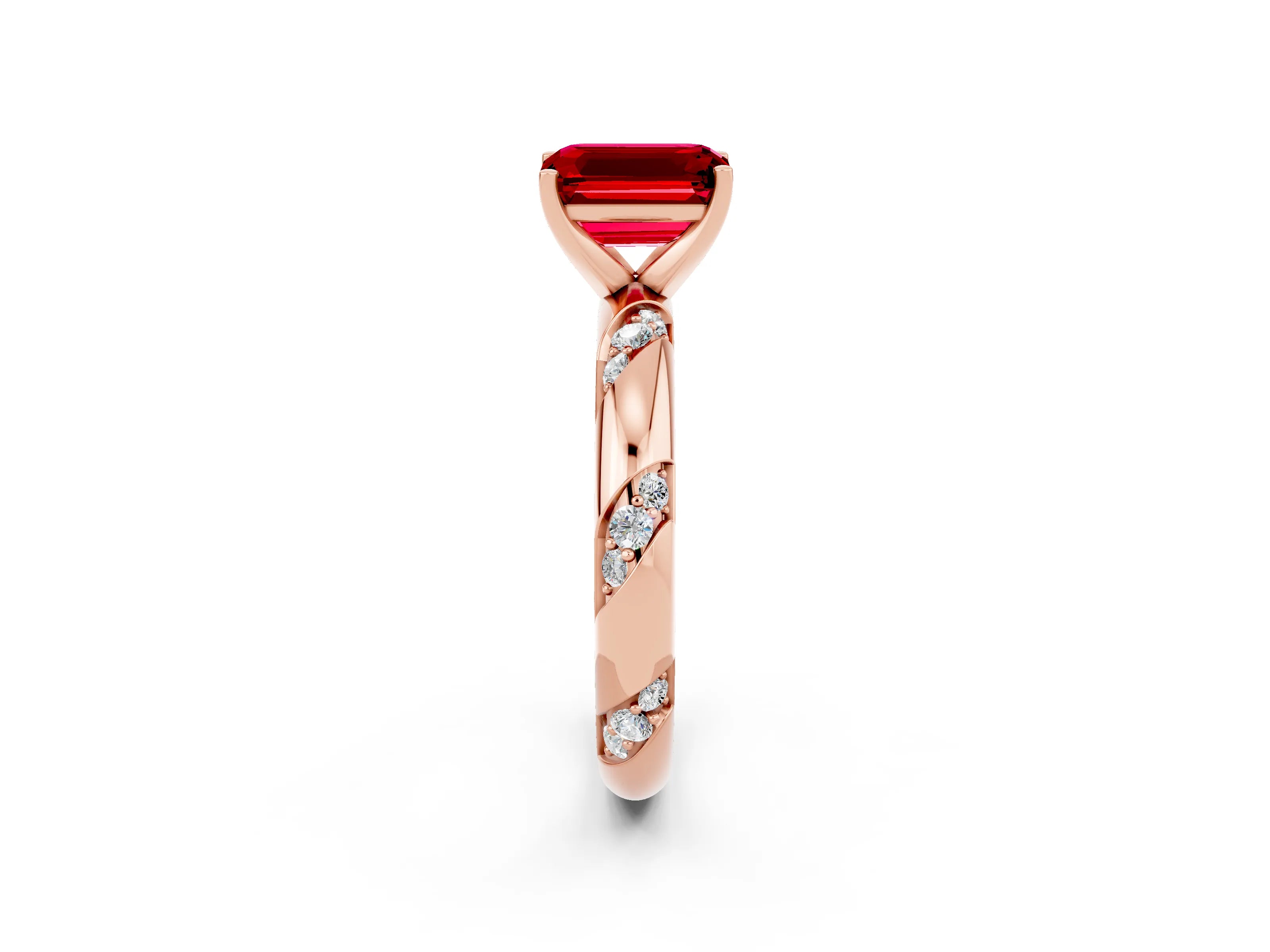 Rose gold Emerald Cut Solitaire Diamond Engagement Ring with Twisted Pave Band and Four-Prong Setting_2