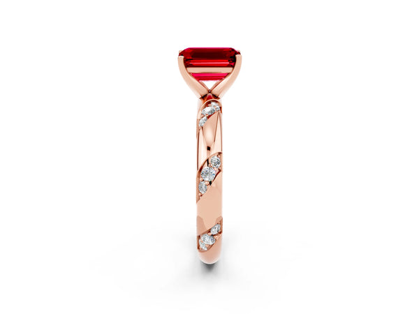 Rose gold Emerald Cut Solitaire Diamond Engagement Ring with Twisted Pave Band and Four-Prong Setting