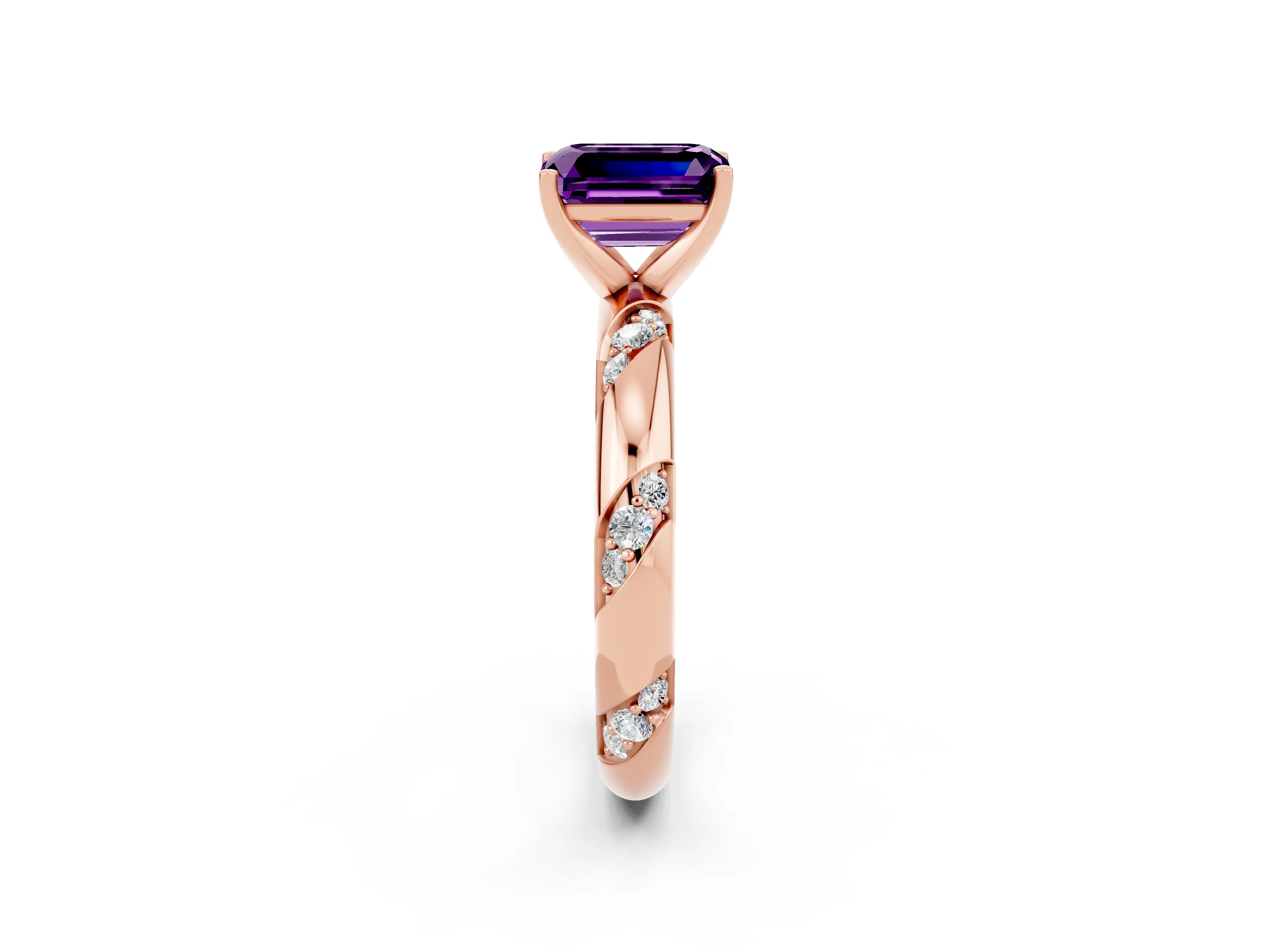 Rose gold Emerald Cut Solitaire Diamond Engagement Ring with Twisted Pave Band and Four-Prong Setting_2
