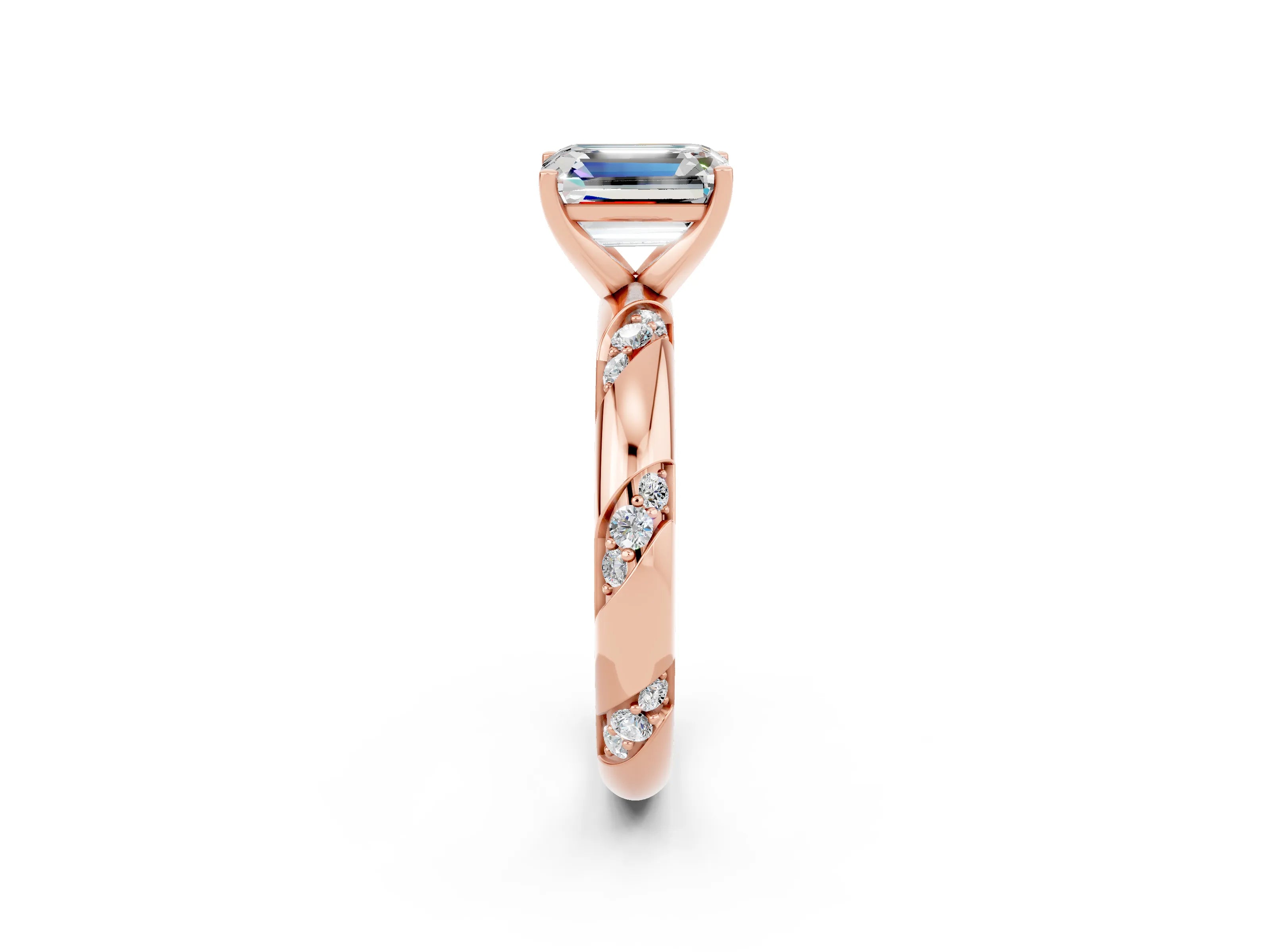 Rose gold Emerald Cut Solitaire Diamond Engagement Ring with Twisted Pave Band and Four-Prong Setting_2