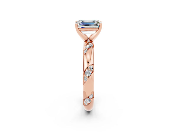 Rose gold Emerald Cut Moissanite Solitaire Engagement Ring with Twisted Round  Accent Band and Prong Setting